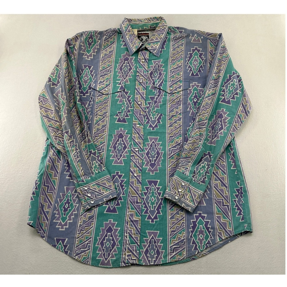 Vintage Karman‎ Mens Western Shirt Southwestern Geometric Pearl Snap Teal Purple